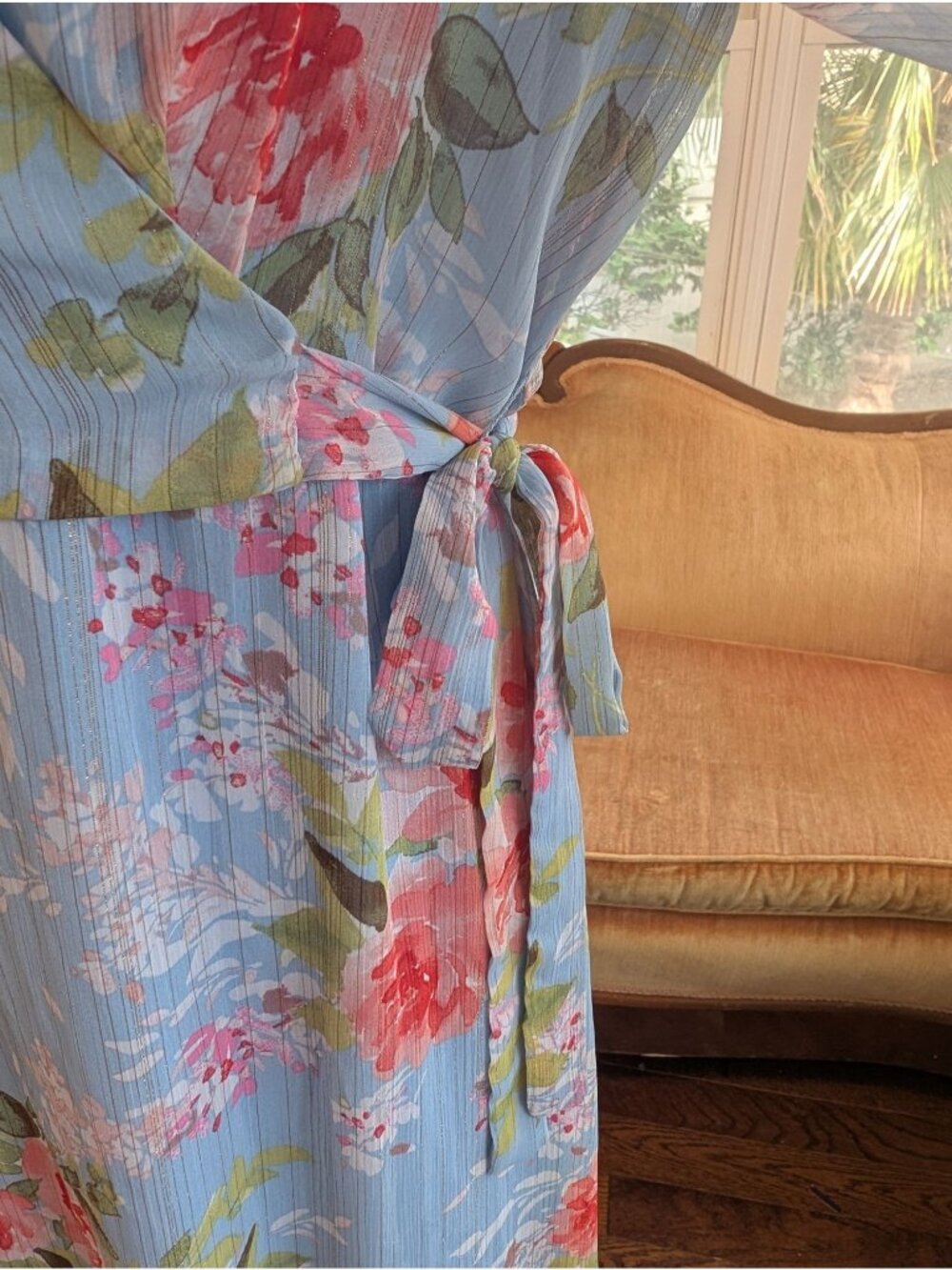 Whimsical Rose Print Maxi Wrap Dress Size L Flowing Light Blue Fairy Ethereal - Picture 3 of 7
